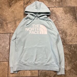 North Face Teal Mint White Hoodie Sweatshirt Large Women Big Logo Graphic Jacket